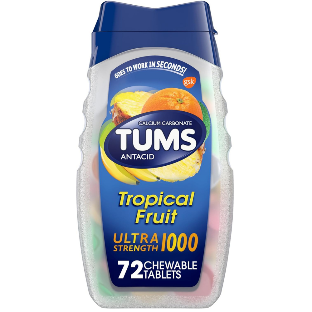 TUMS Antacid Tropical Fruit Ultra Strength 1000, 72 chewable tablets for antacid relief.