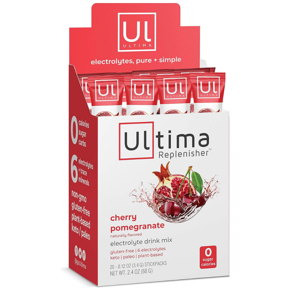 Ultima replenisher cherry pomegranate electrolyte drink mix - gluten free, plant based hydration drink.