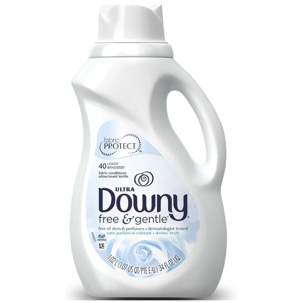 White bottle of Ultra Downy free & gentle fabric softener promising 40 loads