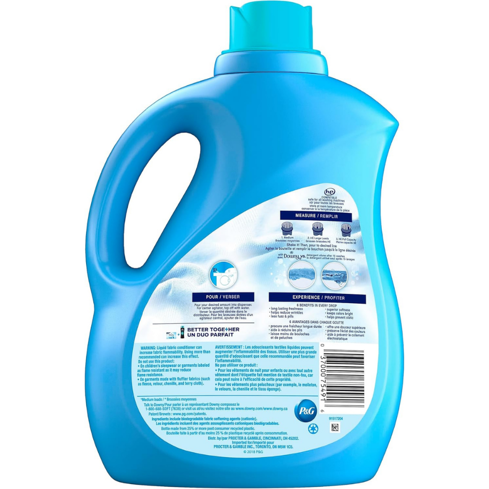 Back of bottle of Ultra downy liquid fabric conditioner, cool scent with directions and warnings