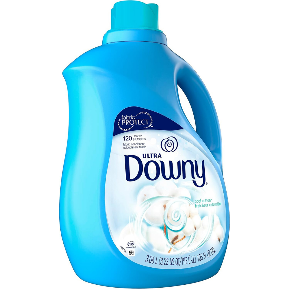 Bottle of ultra downy cool cotton scent liquid laundry conditioner for 120 loads.