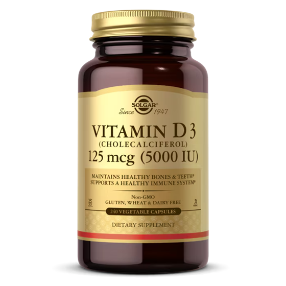 A bottle of Solgar Vitamin D3 (Cholecalciferol) 125 mcg (5,000 IU) Vegetable Capsules, with a label indicating that it maintains healthy bones and supports the immune system.