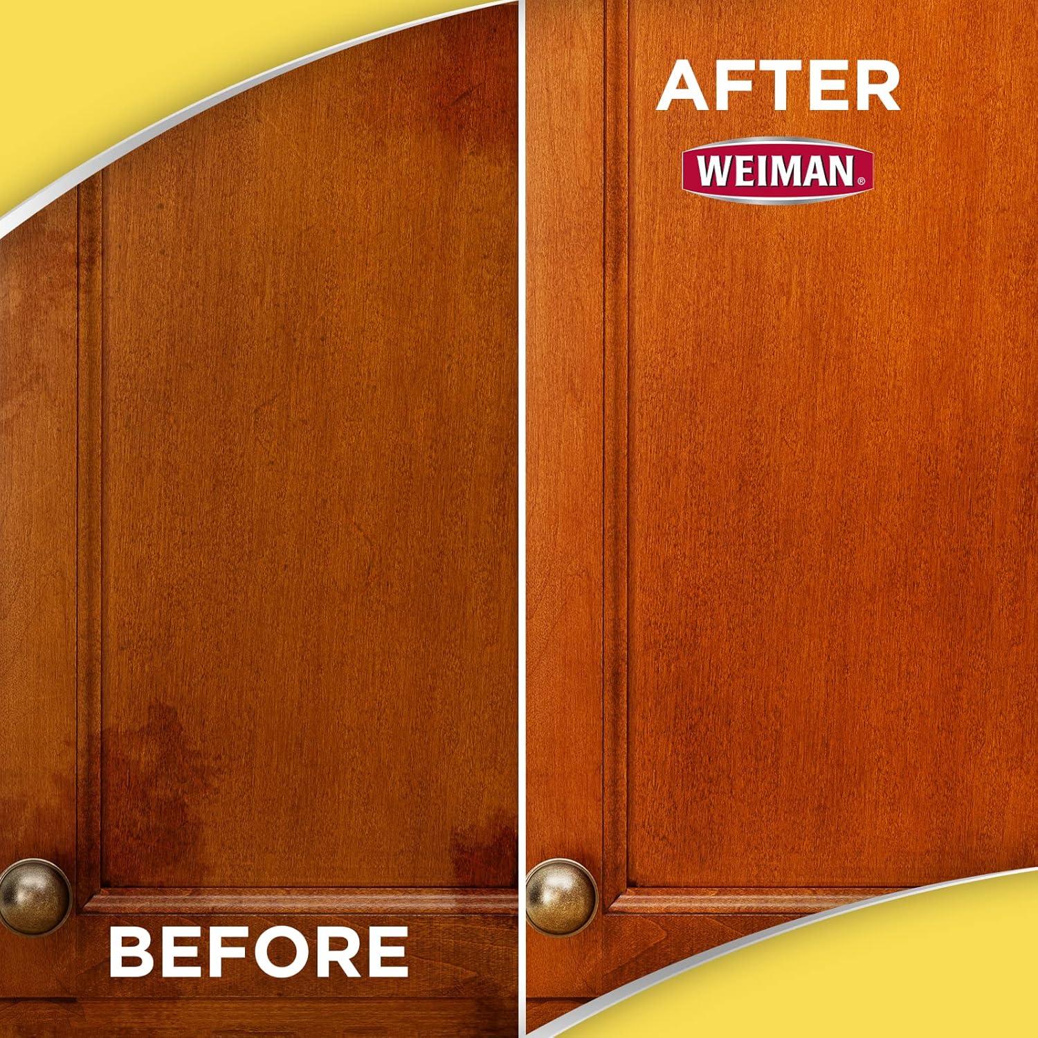 Before & after image of Weiman furniture wipes in action on wooden surface