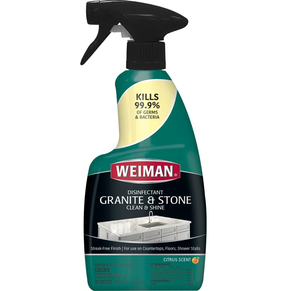 Weiman disinfectant granite & stone spray bottle for streak free finish on countertops, floors and shower stalls.