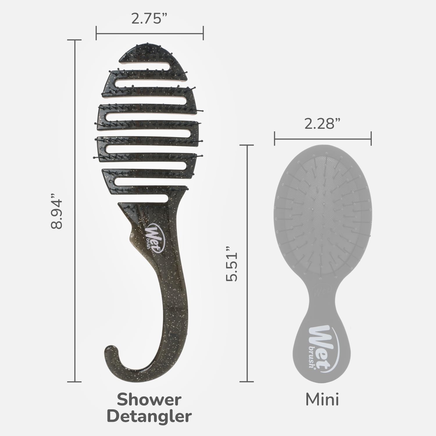 Dimensions for Wet brush shower hair brush detangler with black glitter design