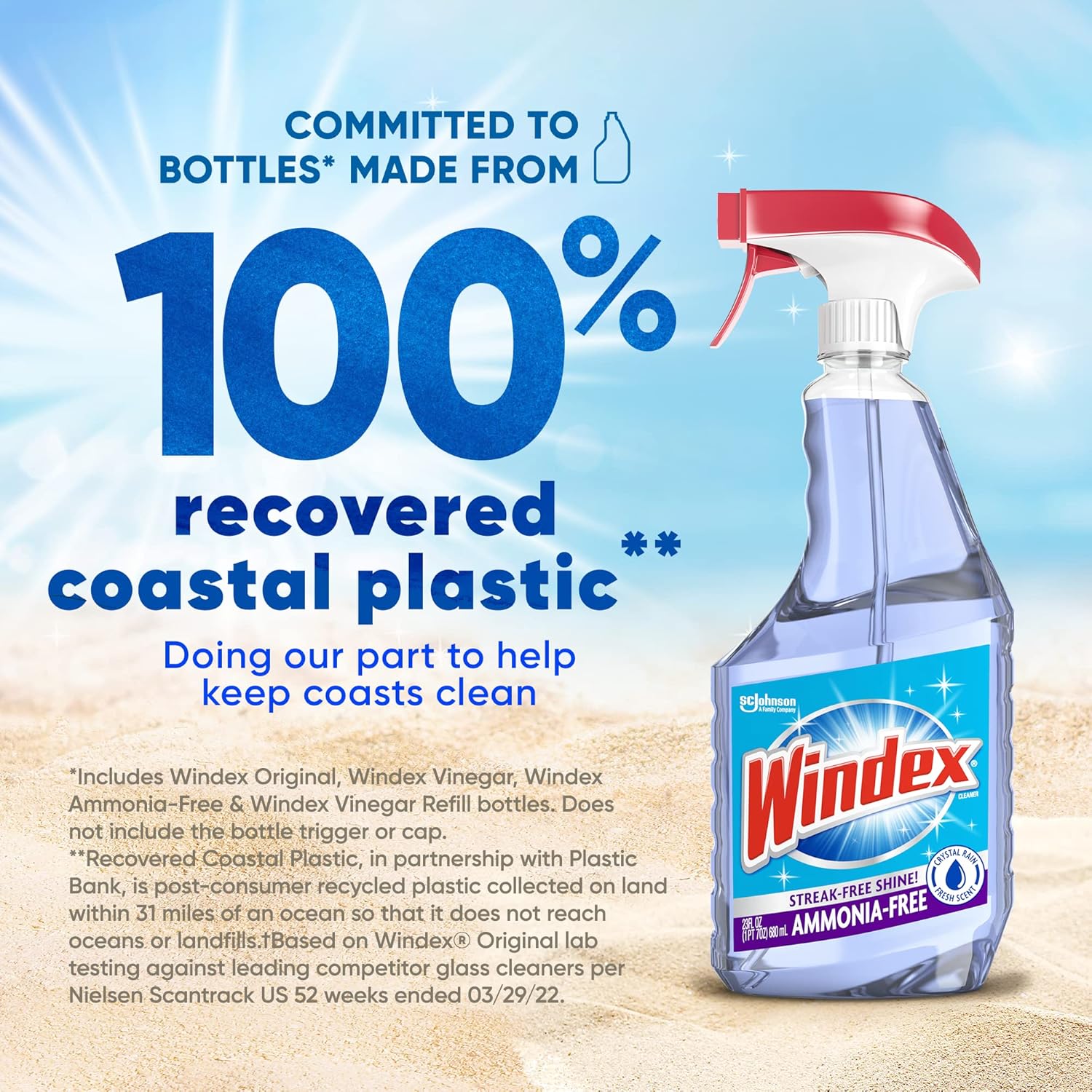 Windex glass spray bottle is made from 100% recovered coastal plastic.