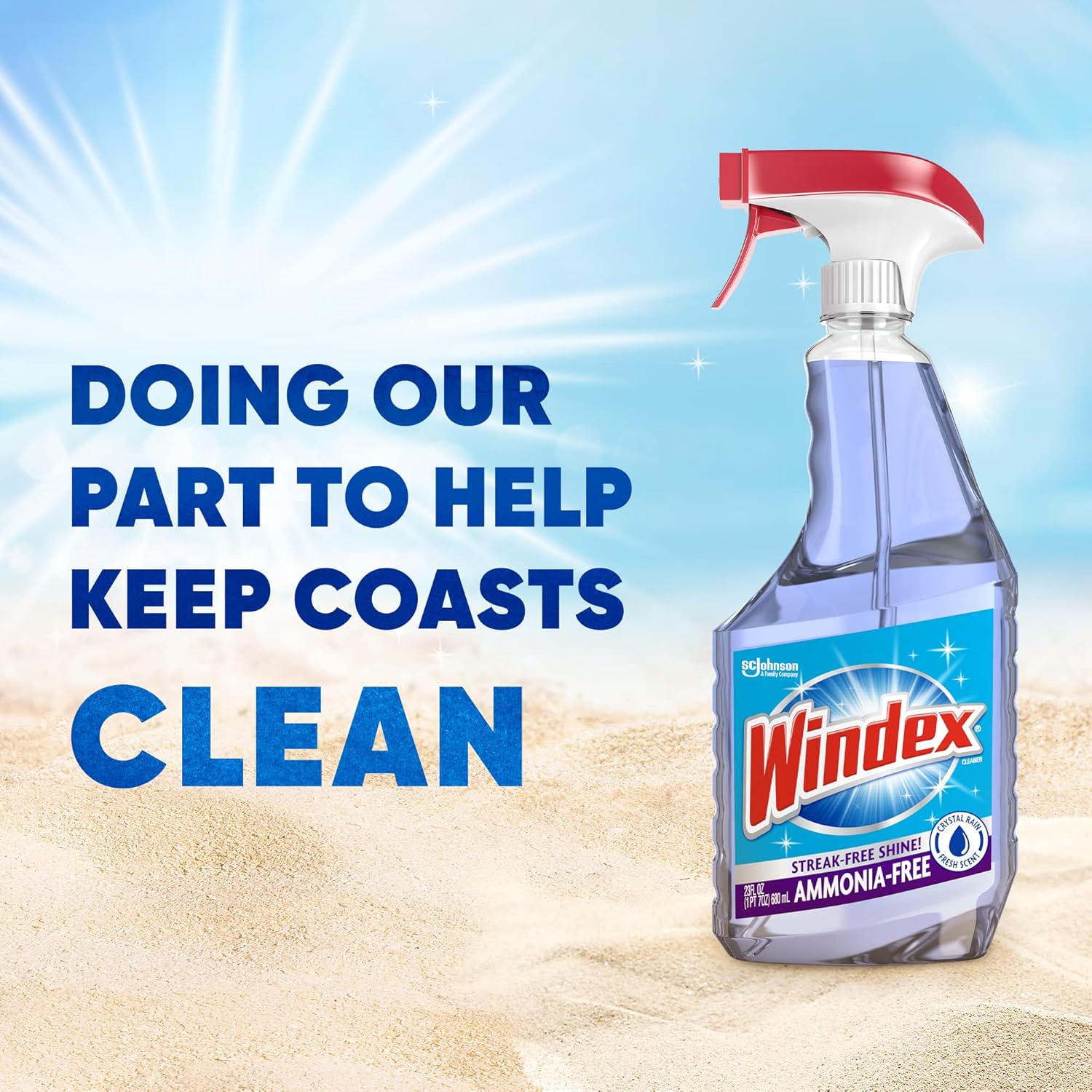 Windex ammonia-free window spray is made of recycled plastics to keep coasts clean.