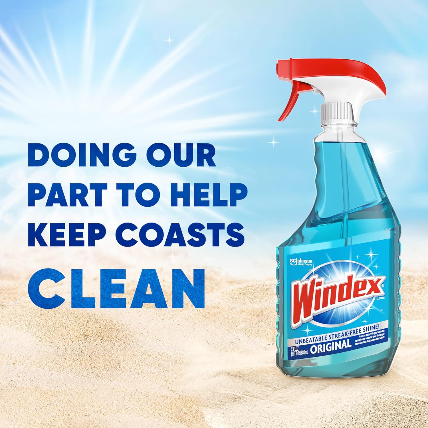 Windex original glass cleaner bottle with text doing our best to help keep coasts clean.