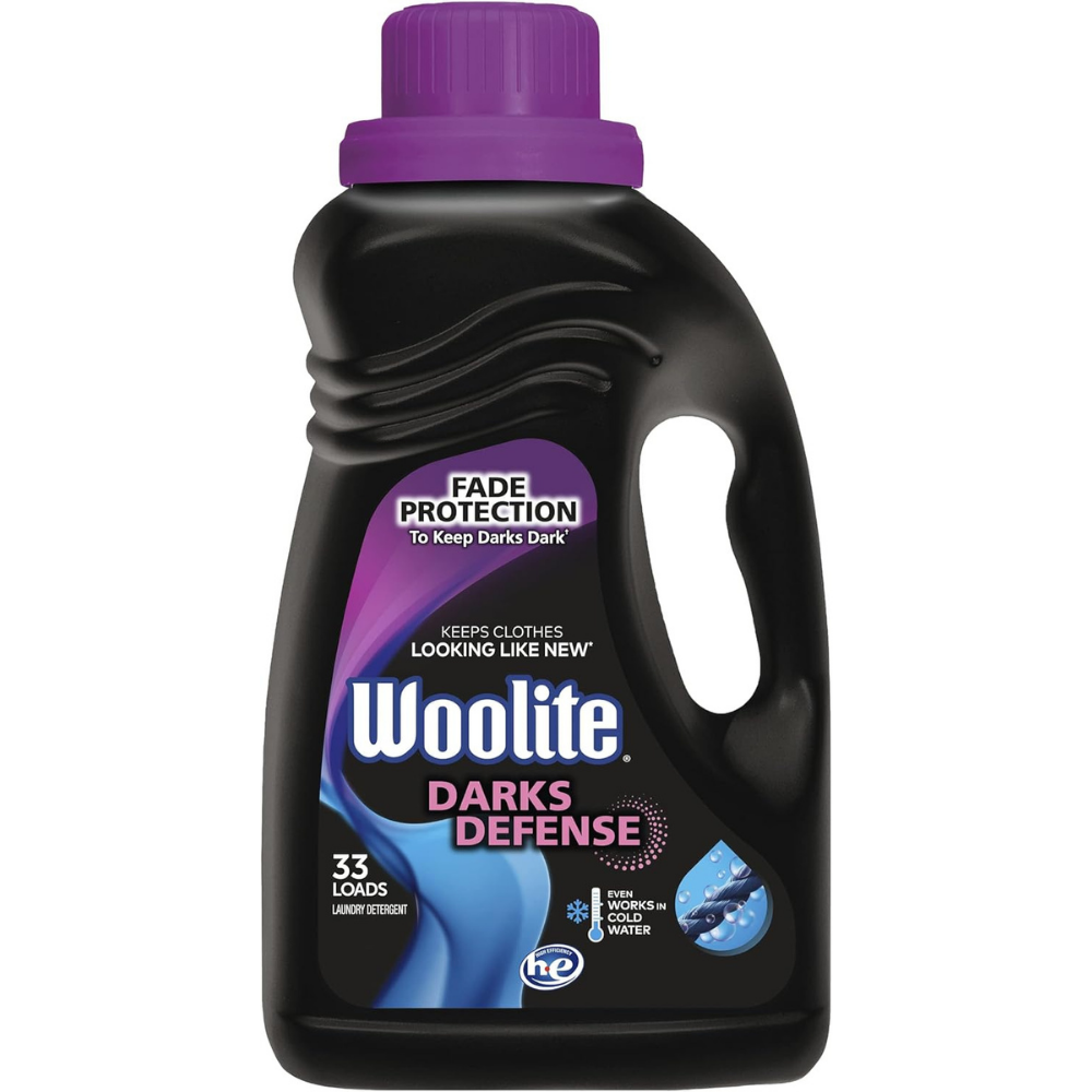 Woolite Darks Defense laundry detergent bottle with purple cap to keep dark clothes looking like new