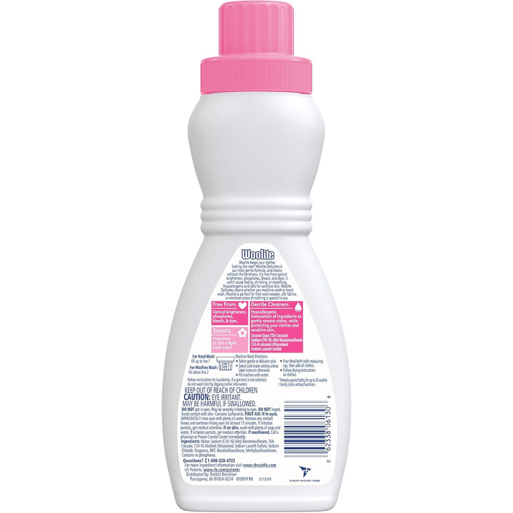 Back of bottle of Woolite extra delicate care laundry detergent with instructions and directions.
