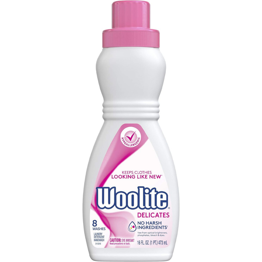 Woolite Delicates detergent bottle to keep clothes looking like new with no harsh ingredients.