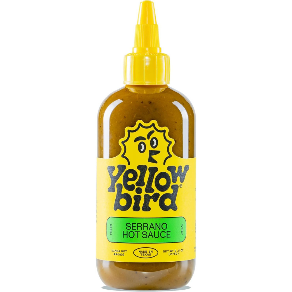 Bottle of Yellowbird Serrano hot sauce in a 9.9oz bottle