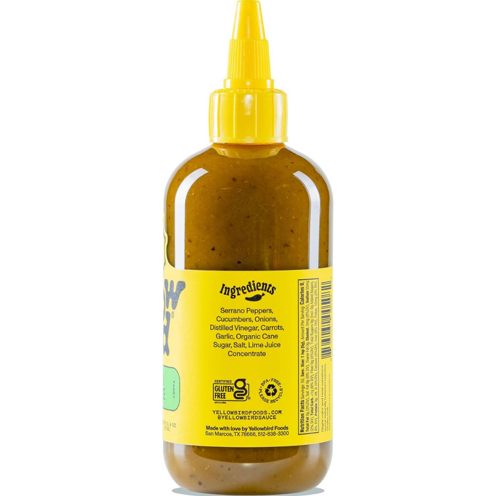 Back of a bottle of Yelllowbird Serrano hot sauce with ingredients and certifications