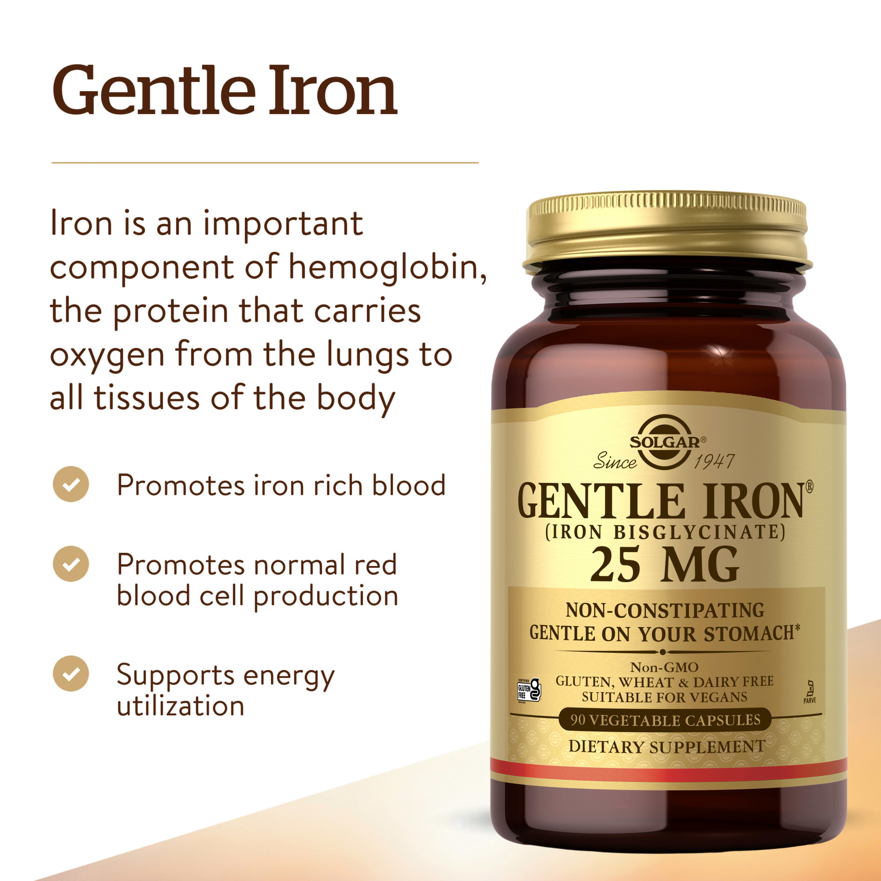 Solgar Gentle Iron (Iron Bisglycinate) 25 mg, 180 Vegetable Capsules