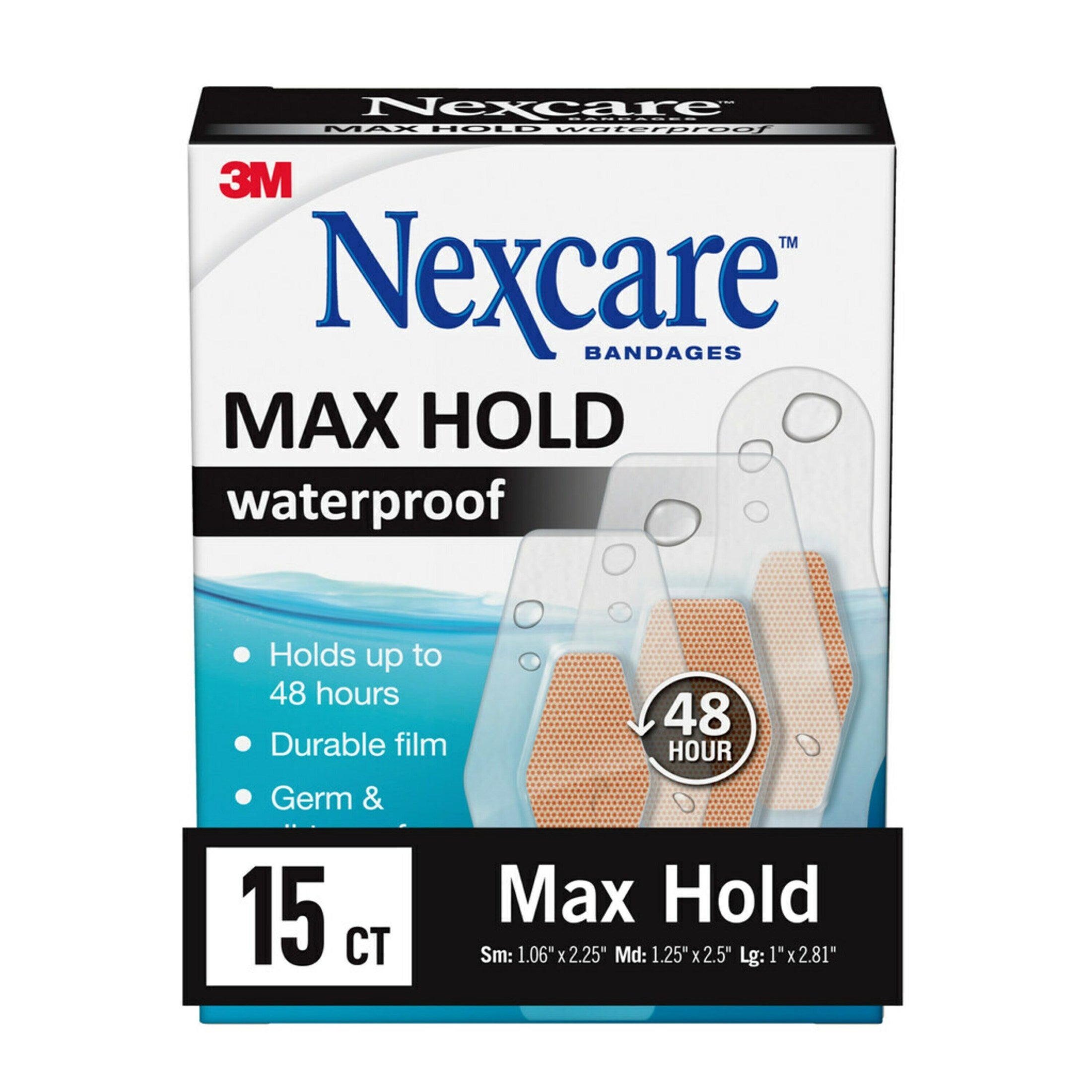 Nexcare Max Hold Waterproof Bandages | Assorted Sizes | 15 count