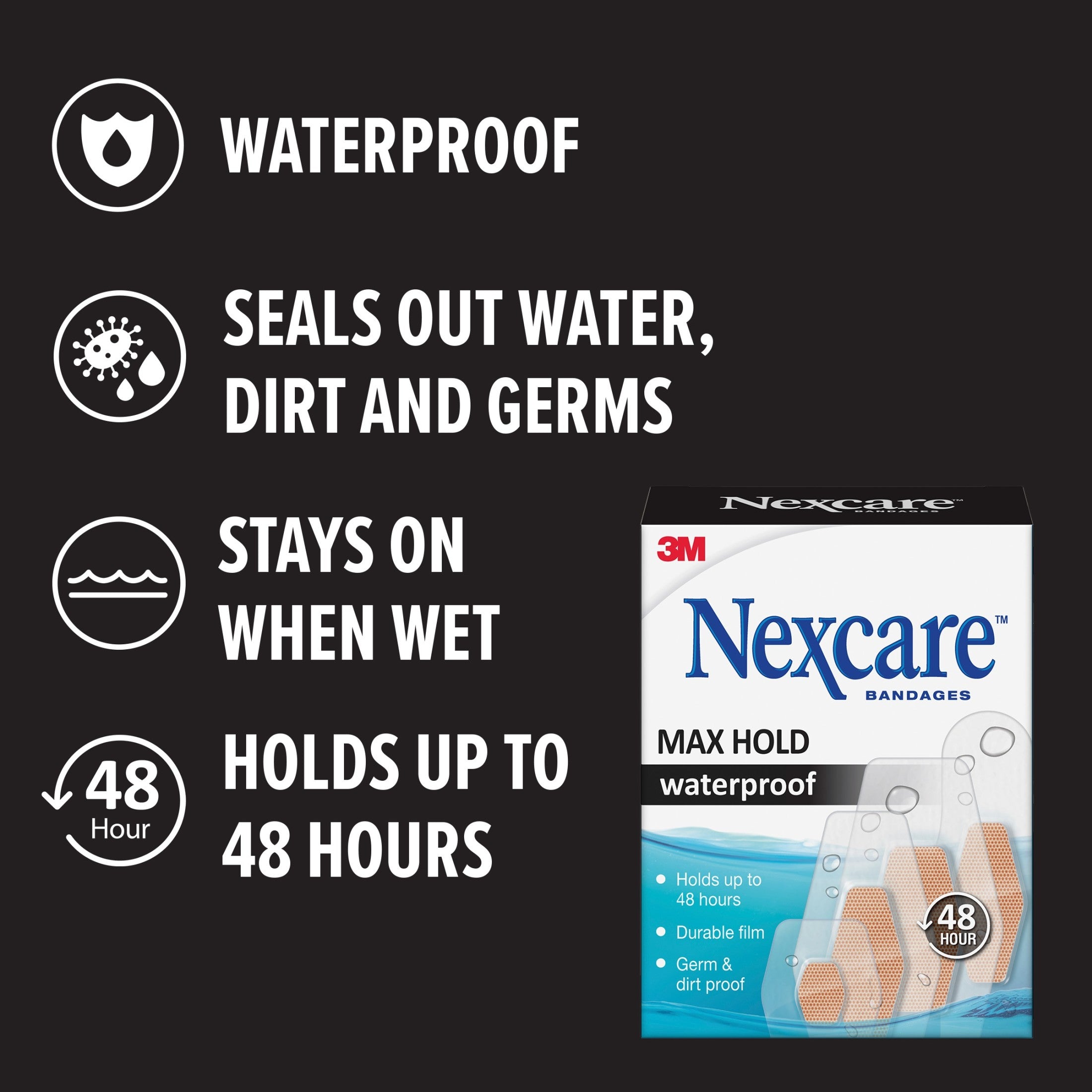 Nexcare Max Hold Waterproof Bandages | Assorted Sizes | 15 count