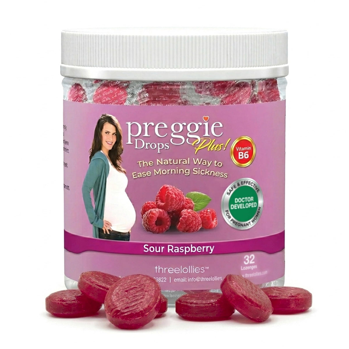 Threelollies Preggie Drops Plus | Sour Raspberry | 32 Lozenges