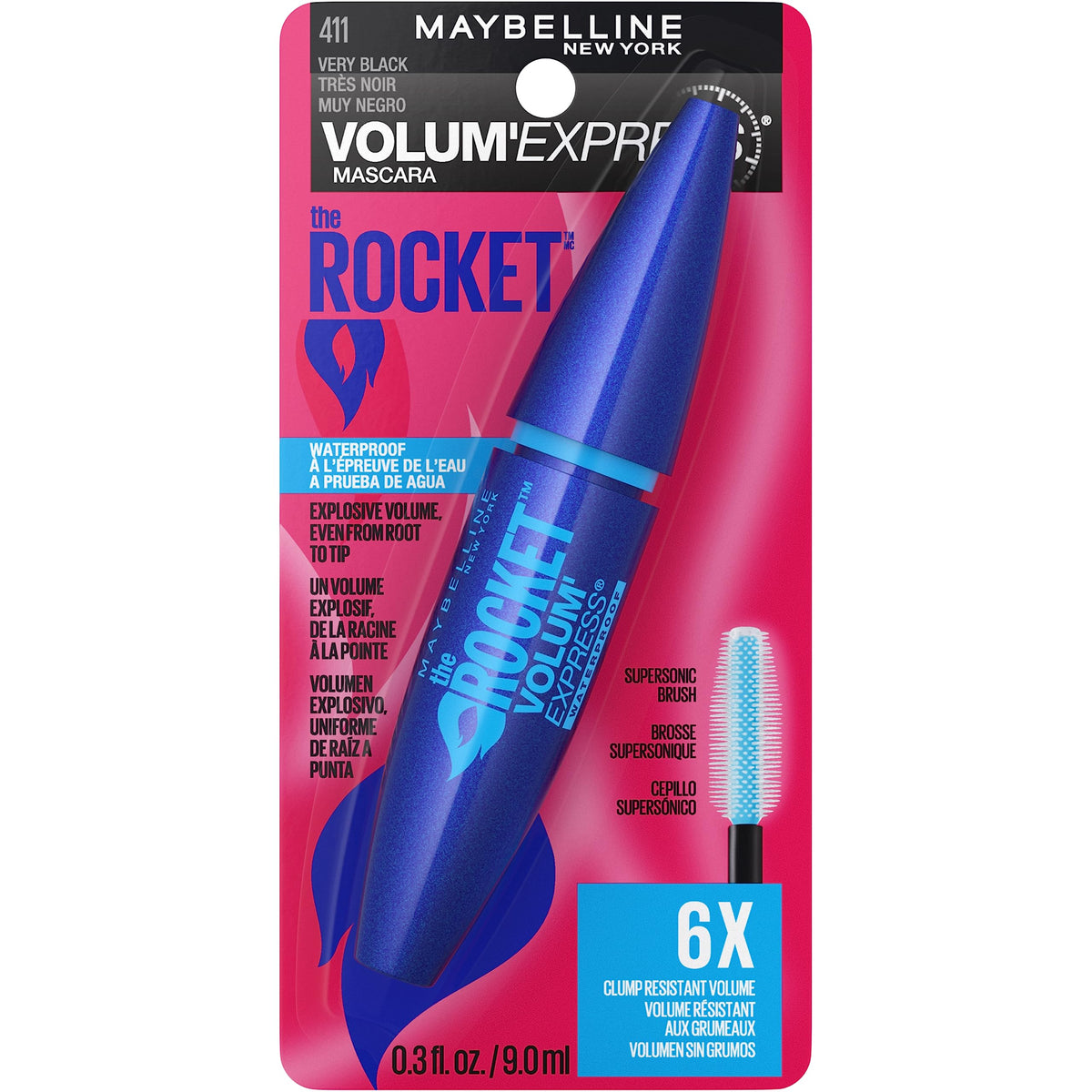Maybelline The Rocket Waterproof Volum' Express Mascara | 411 Very Black | 0.3 Oz(9 ml)