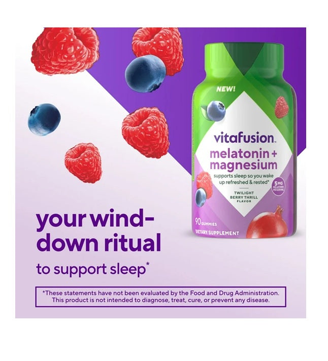 Vitafusion Melatonin + Magnesium Gummies | Twilight Berry Thrill | 90 Count