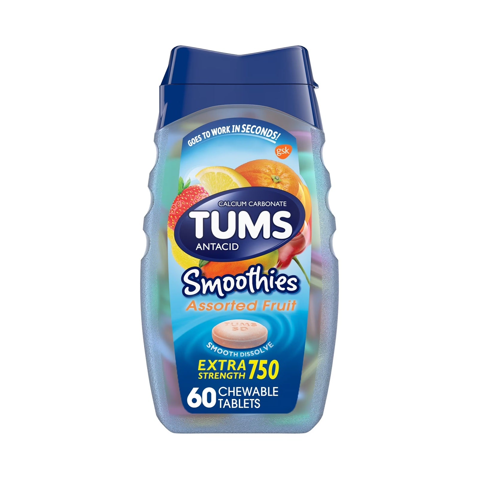 TUMS Smoothies Extra Strength Antacid Chewable Tablets | Assorted Fruit | 60 Count