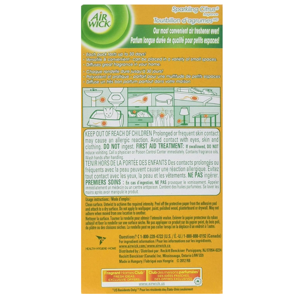 Back packaging for Air Wick stick up air freshener sticks with instructions and information 