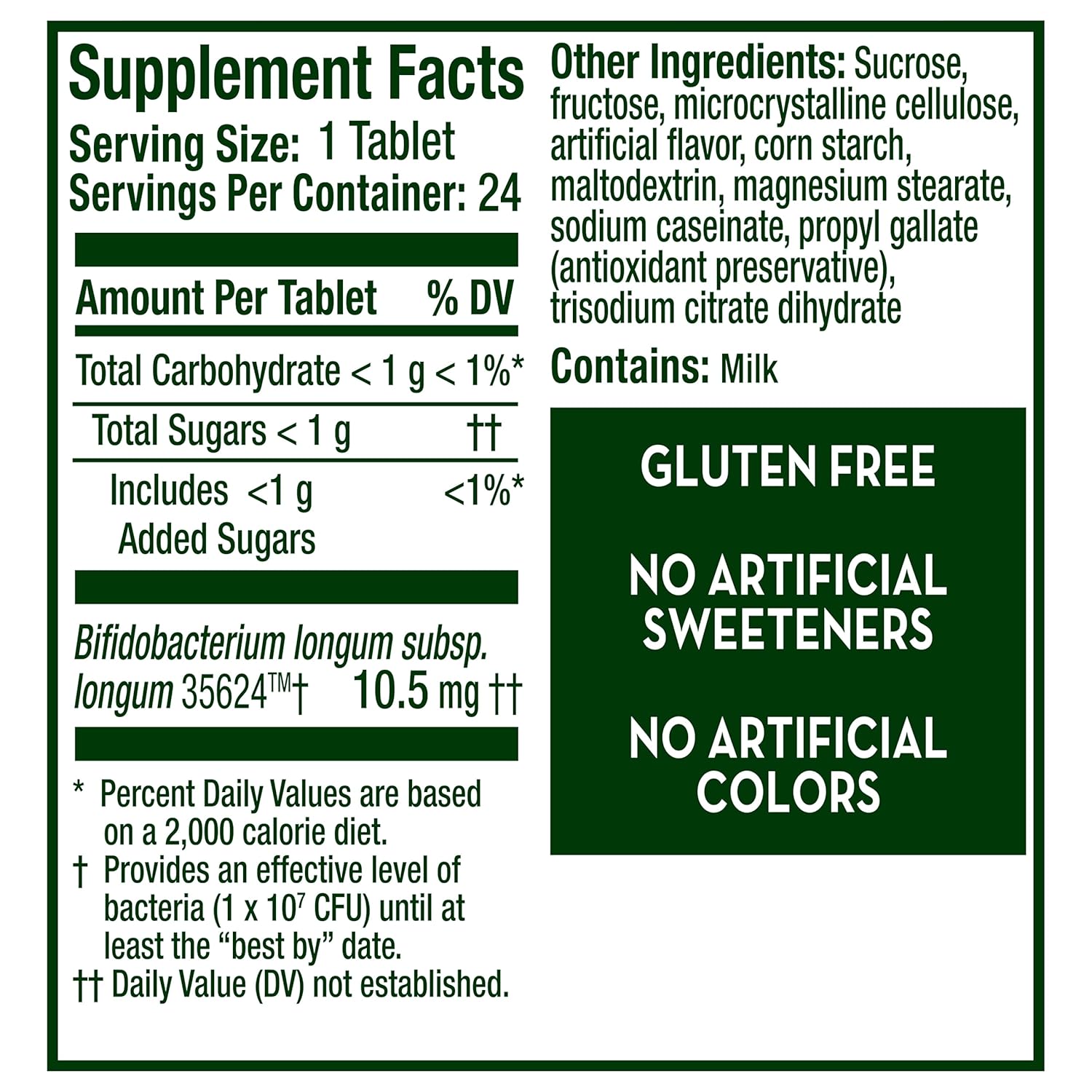 Align chewables, gluten free with no artificial sweeteners and artificial colours contains 24 servings per containers. 