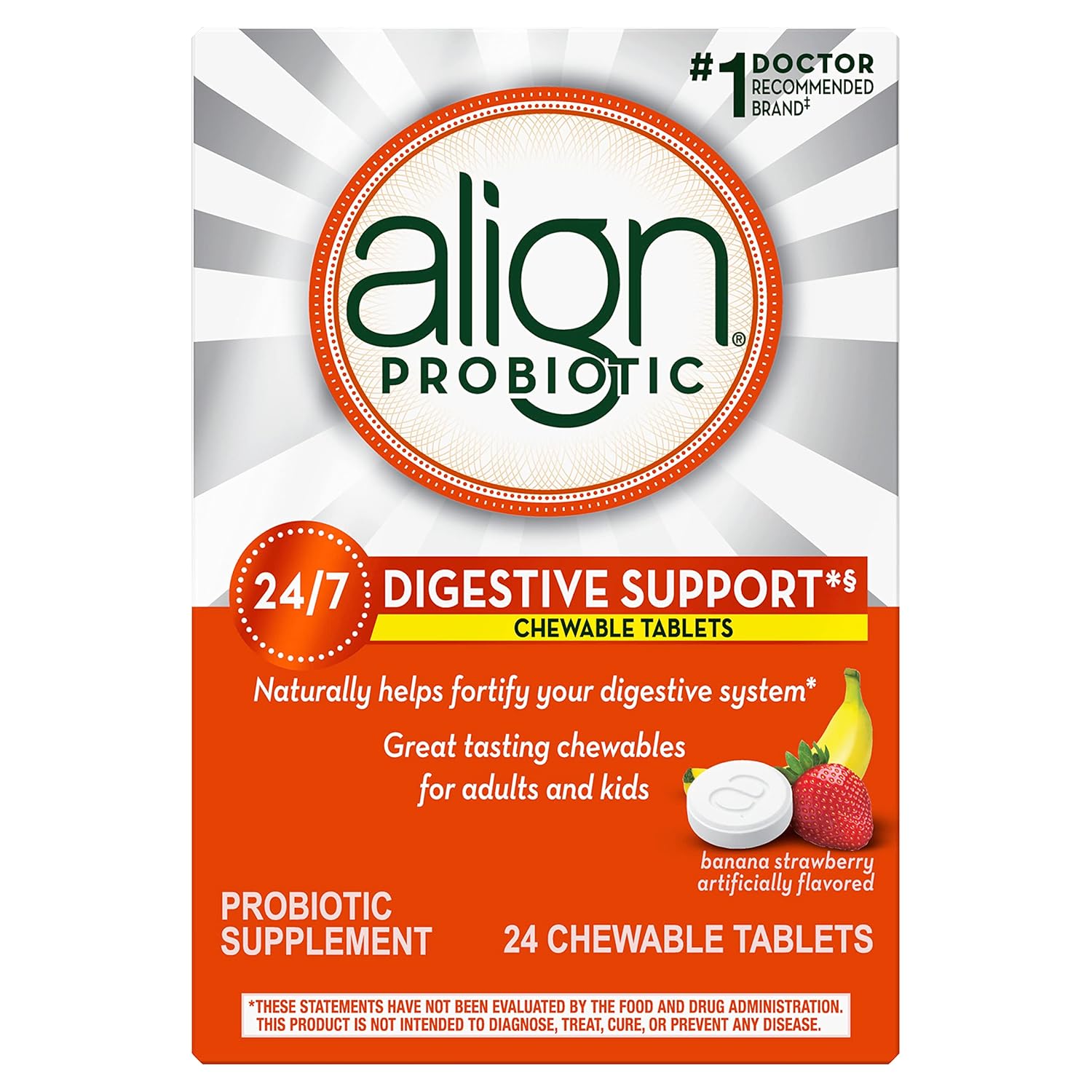 Align probiotic 24.7 digestive support chewable tablets for adults and kids. 