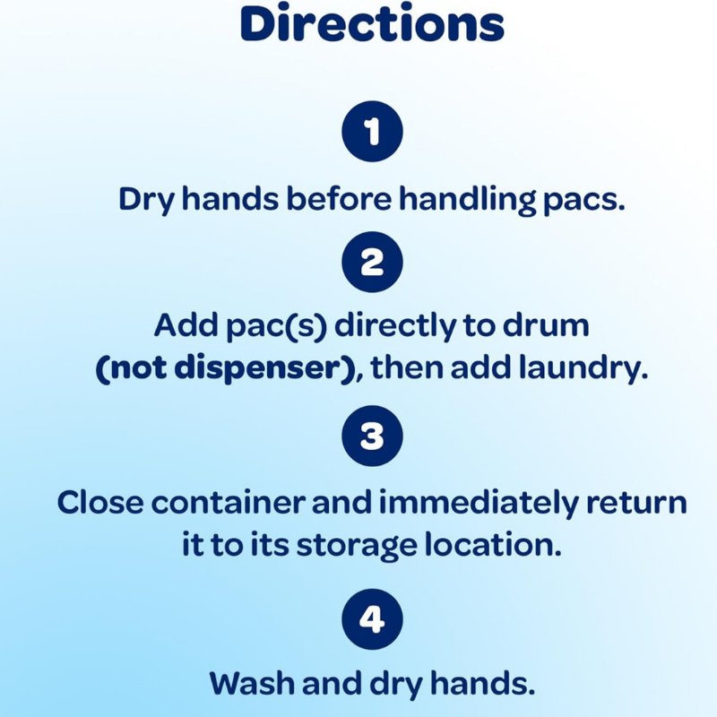 Laundry detergent mighty pacs directions are easy to use - dry hands, add directly to drum, close container and wash hands again - all done!