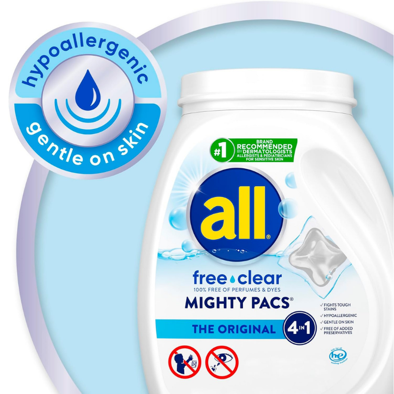 all free and clear mighty pacs laundry detergent - hypoallergenic which is gentle on skin, fights tough stains without the added preservatives. 