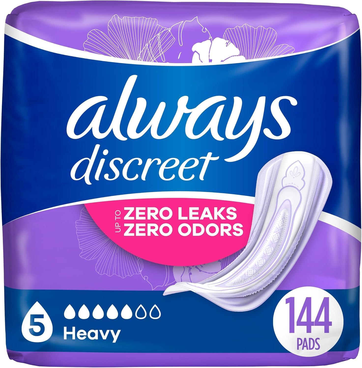 Pack of always discreet incontinence pads with heavy protection for zero leaking with zero odors