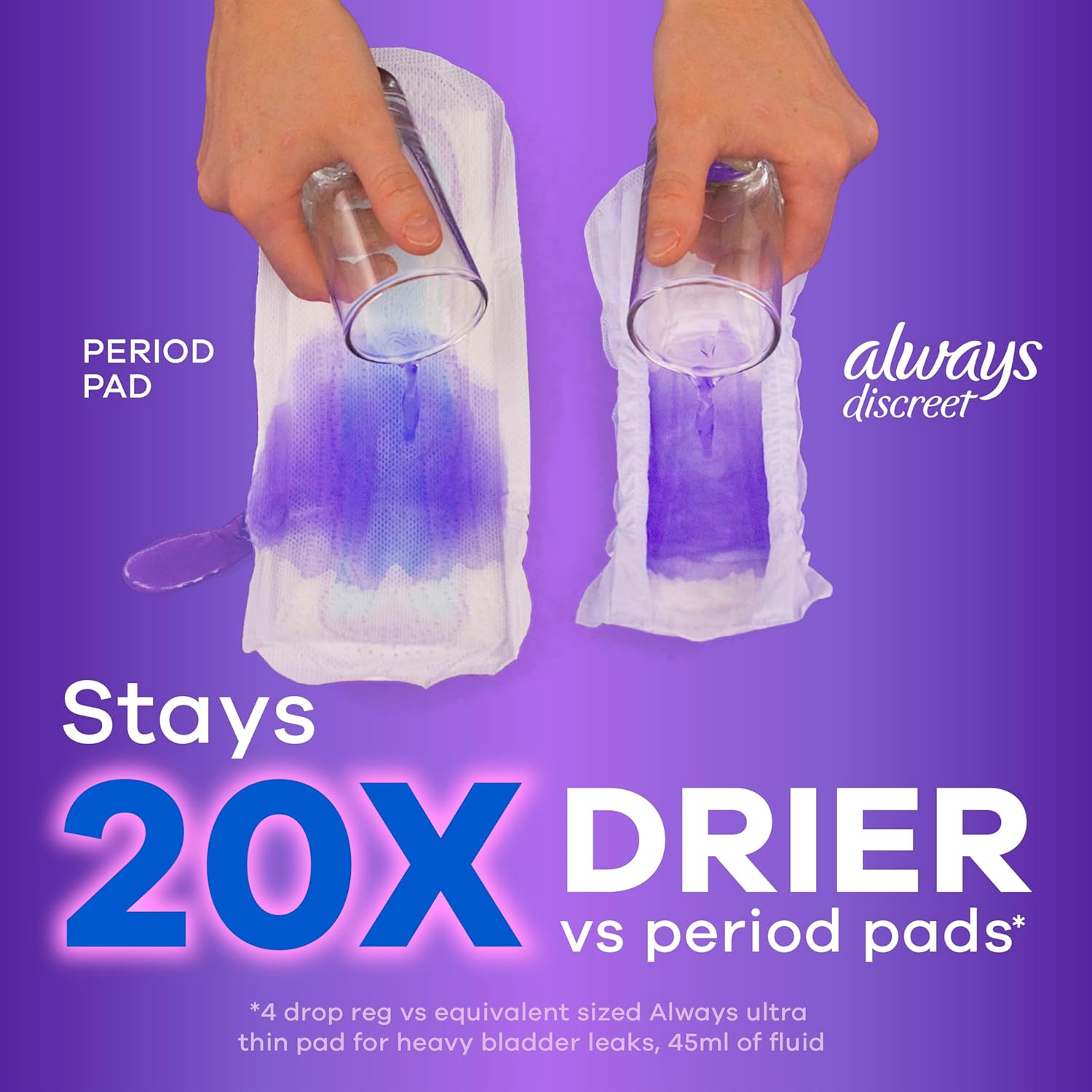 Always discreet long sanitary period pad stays 20x drier vs period pads. 