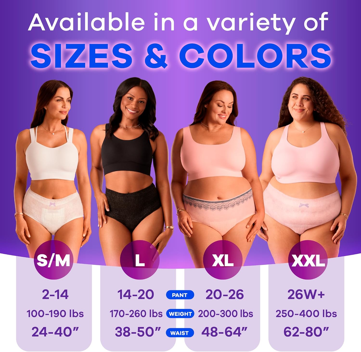 Always discreet feminine underwear for period protection available in a variety of sizes and colors. 
