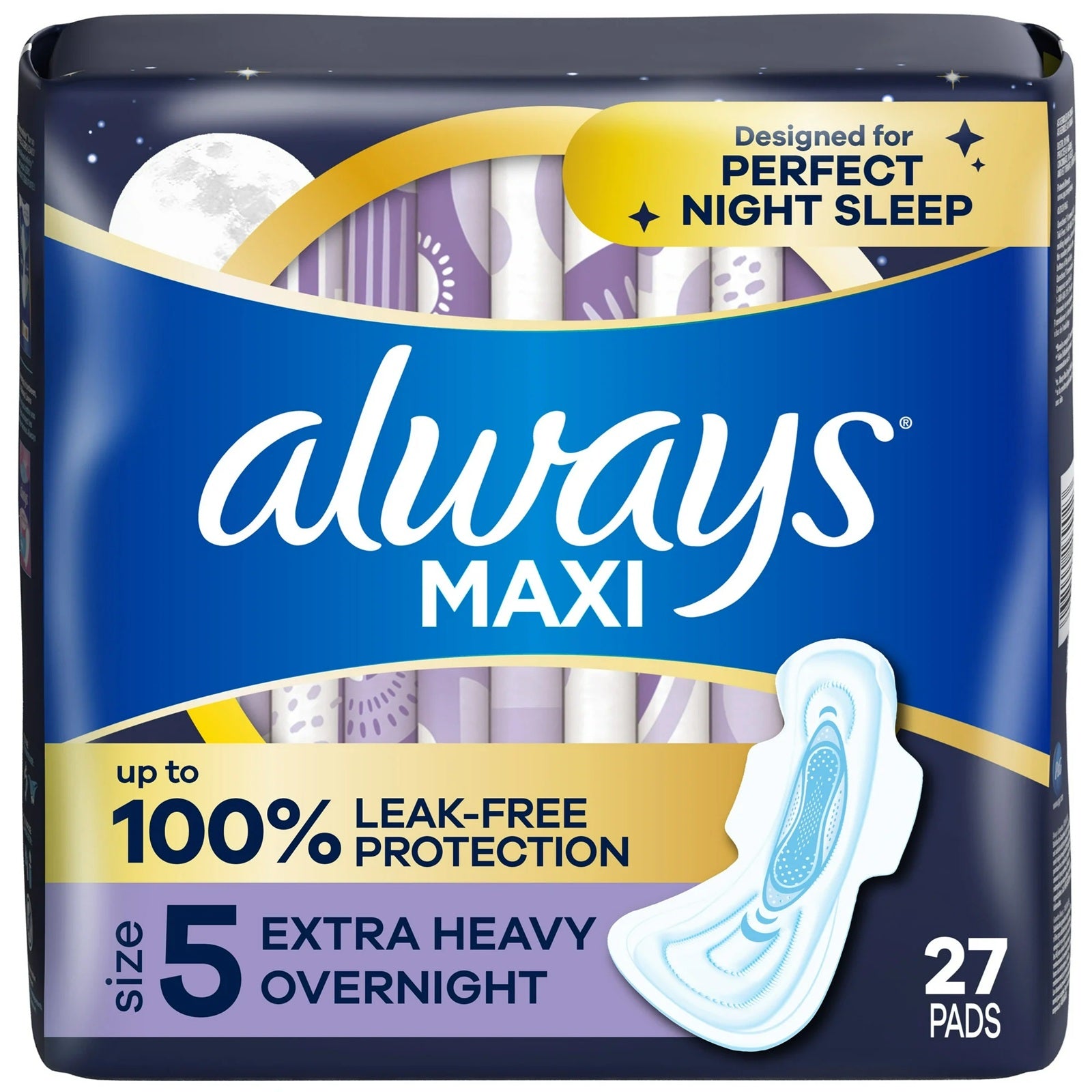 Always maxi sanitary pads, size 5 for extra heavy flows, overnight period protection - 27 pads. 