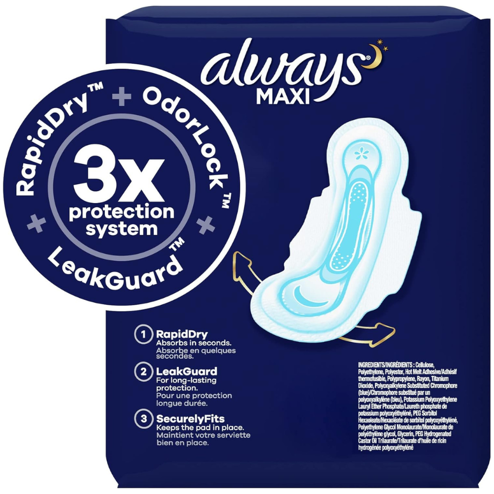 Always Maxi Overnight Pads, Size 4, 3x protection system with rapid dry, double lock, leak guard and a secure fit with the sanitary pads wings. 
