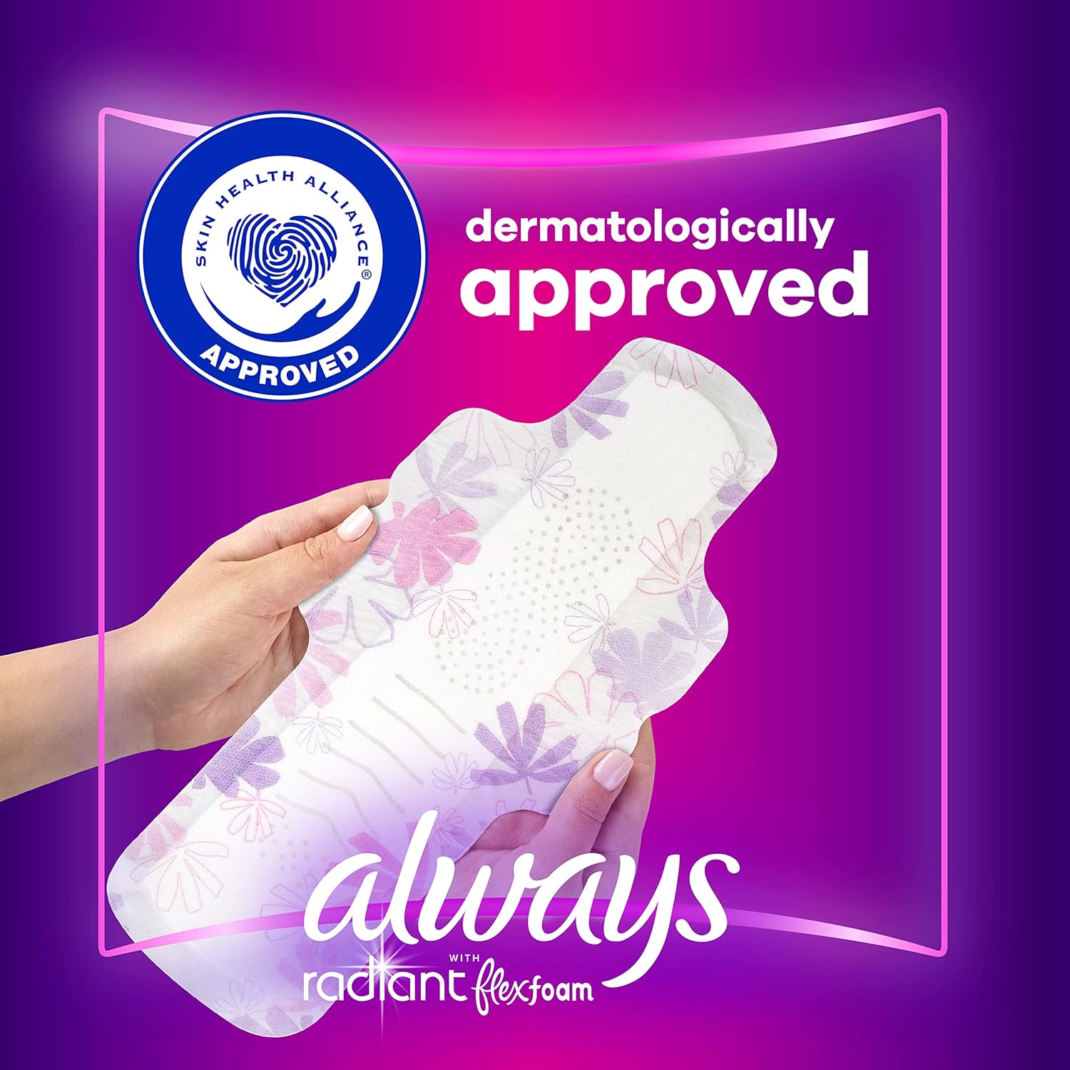 Always radiant FlexFoam sanitary  pads, extra heavy overnight, dermatologically approved menstrual pads for sensitive skin.