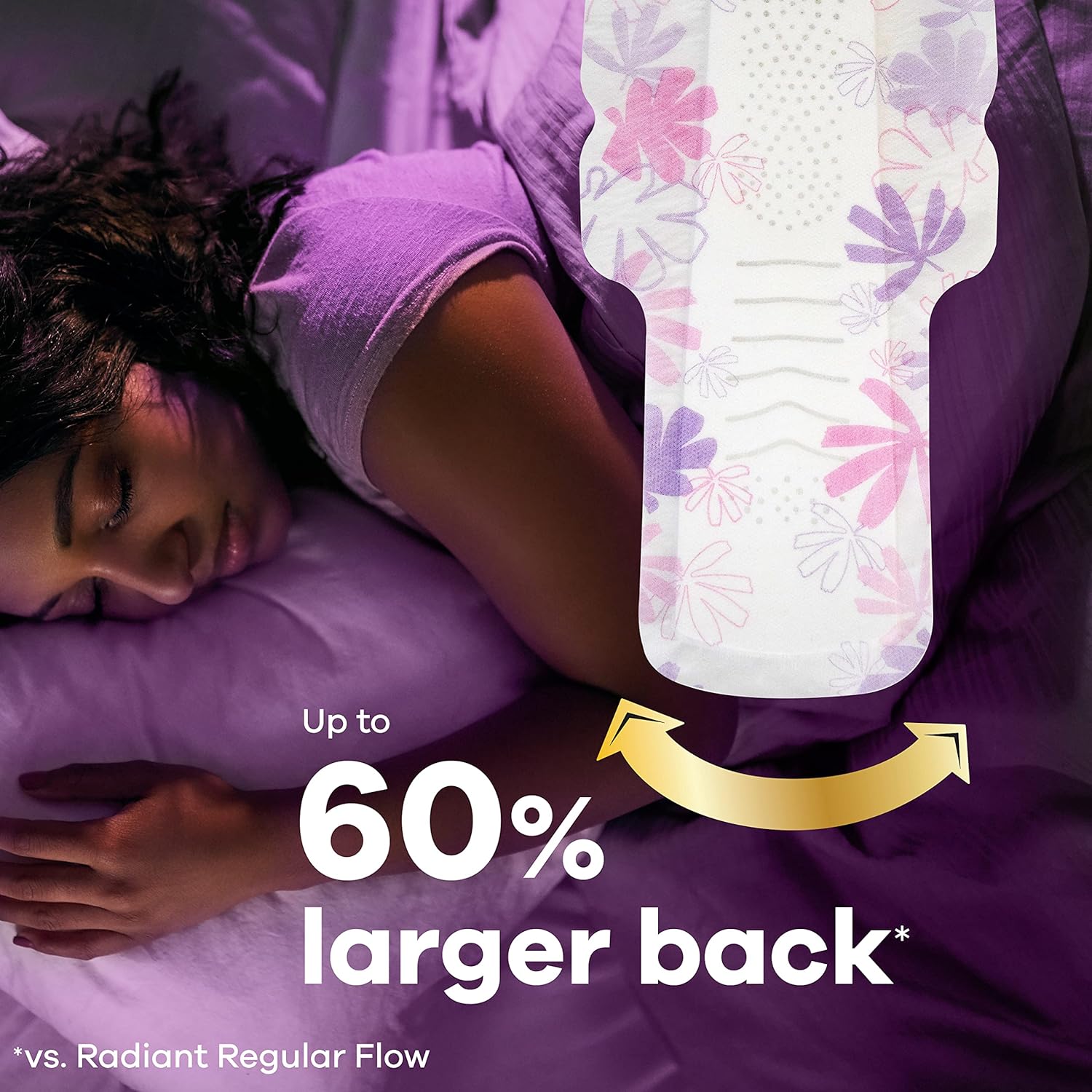Always radiant FlexFoam sanitary pads, with extra heavy overnight protection and a 60% larger back for leak-proof nights. , 