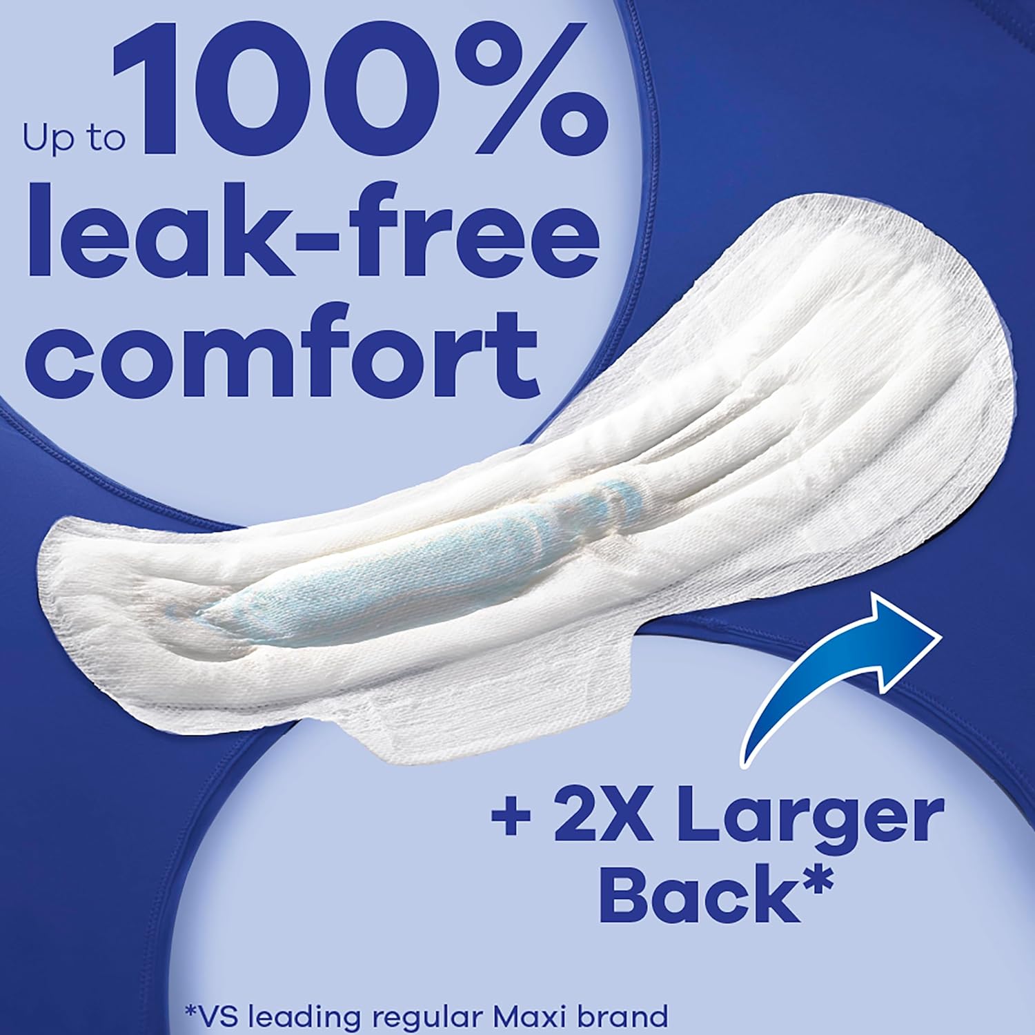 up to 100% leak-free comfort, always maxi pads for period protection, sanitary pads with wings and larger back. 