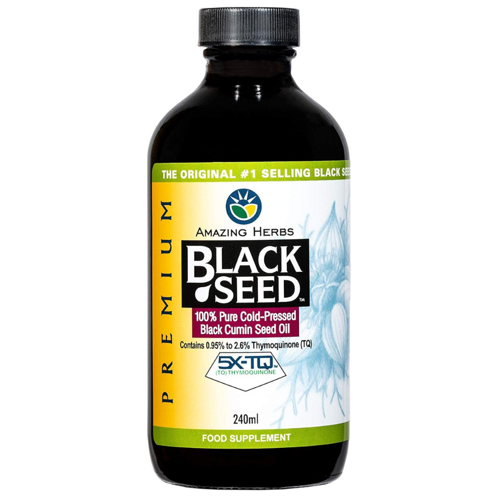 Amazing Herbs premium black seed oil - 100% pure cold pressed black cumin seed oil food supplement. 