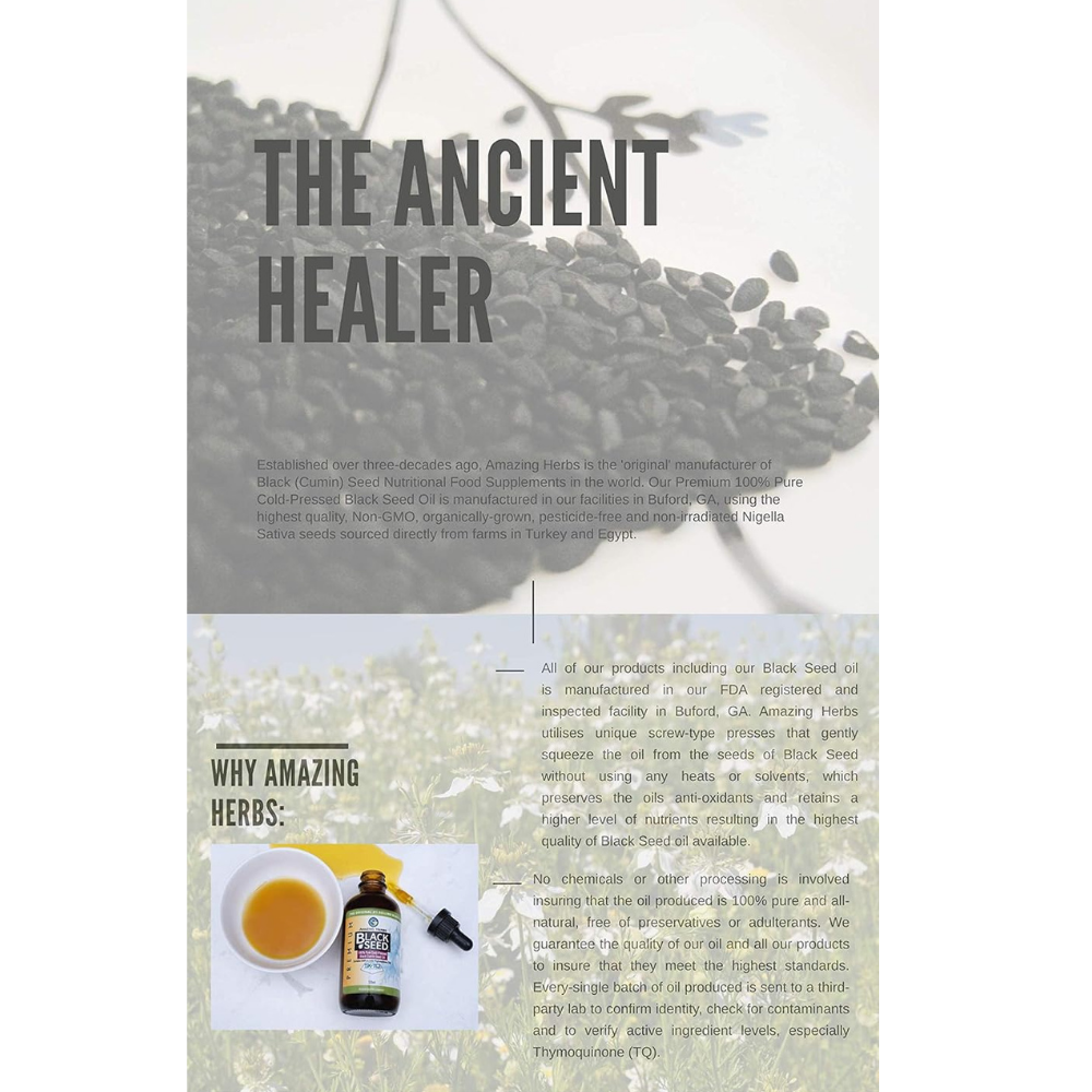 Product packaging with text 'The Ancient Healer' and images of the black seed oil herbs and a bottle.