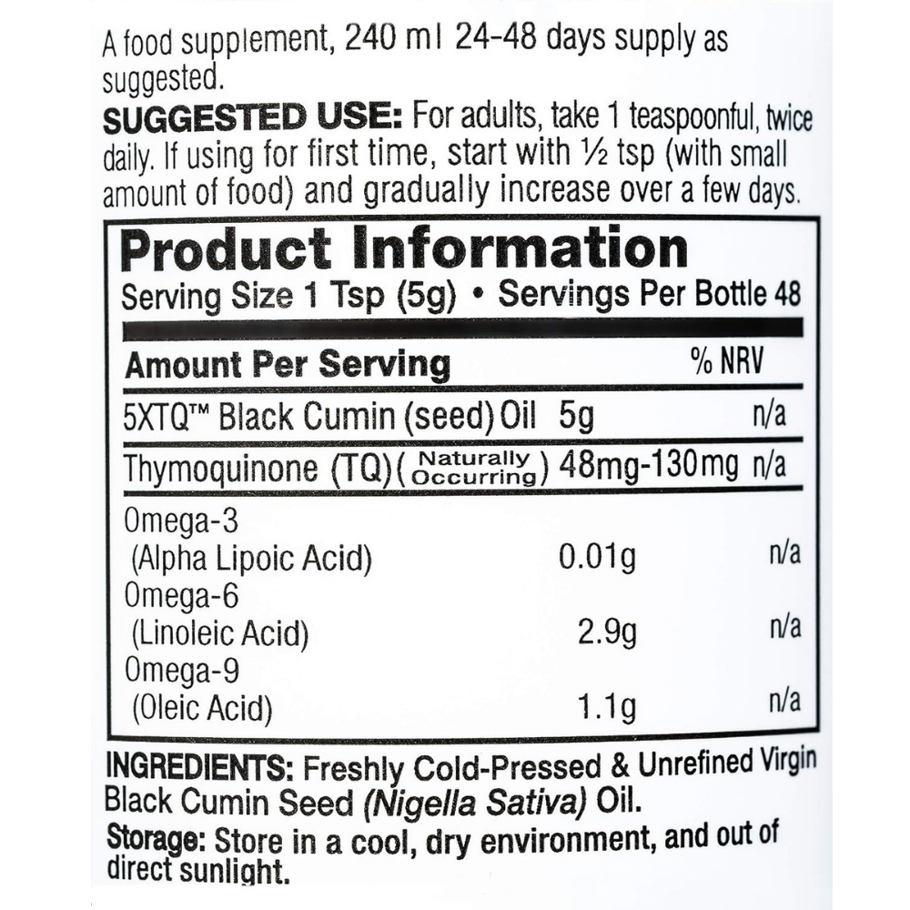Product label with serving size, nutritional information, and suggested use for black seed oil