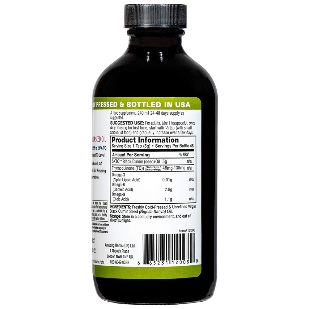 8oz supplement bottle of black seed oil with product information. 
