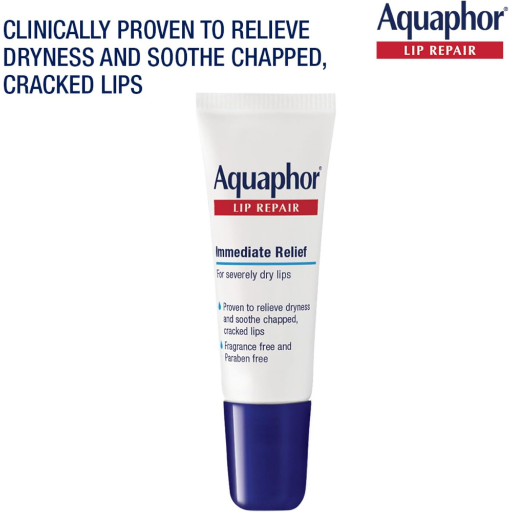 Aquaphor lip repair cream tube for relieving dryness and soothing cracked lips.