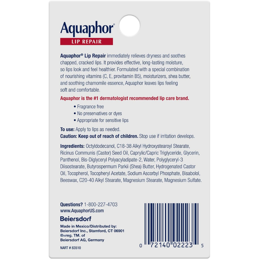 Aquaphor Lip Repair packaging which promises to immediately relieve dryness and soreness from chapped cracked lips.