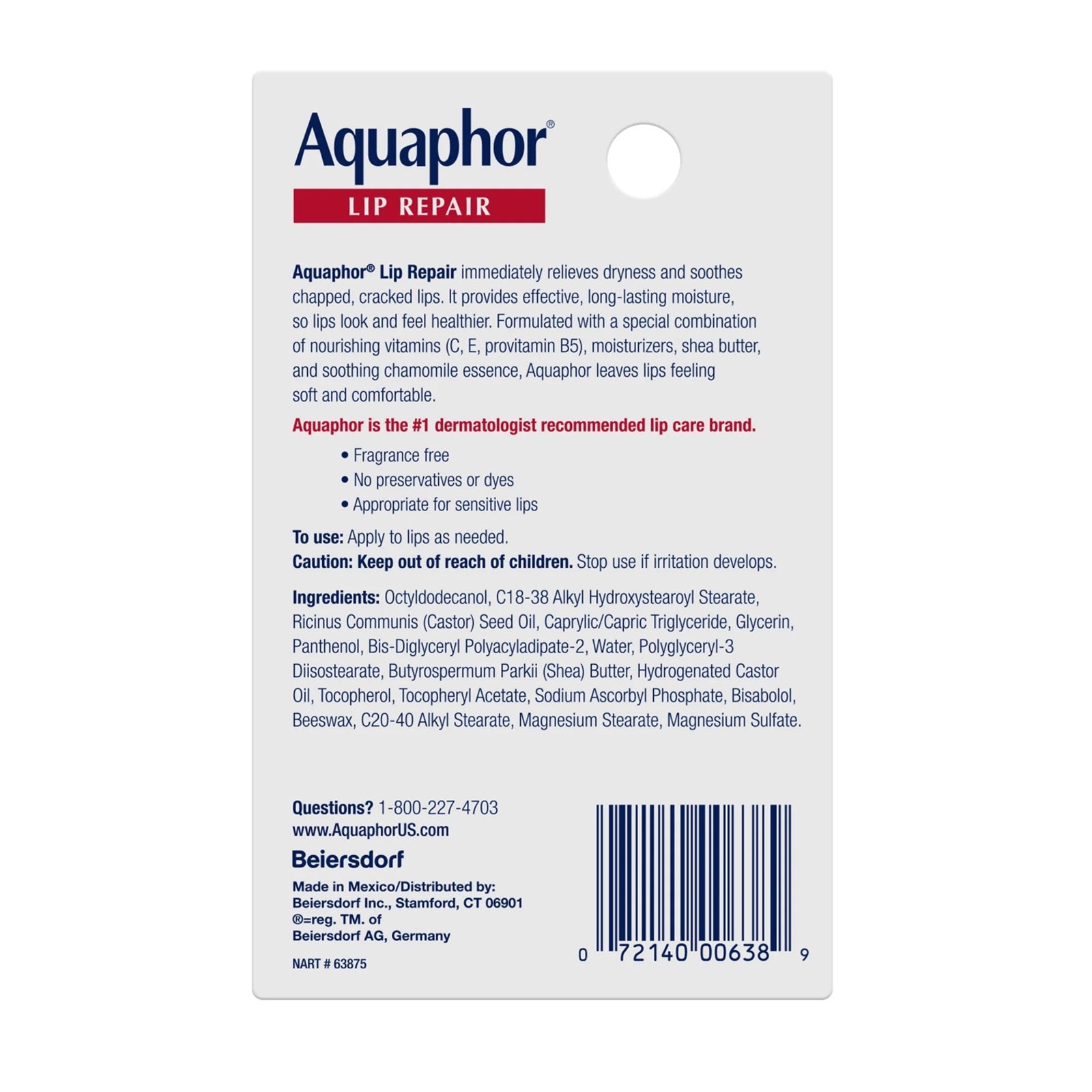 Aquaphor lip repair ointment to relieve dryness and sooth chapped, cracked lips, with nourishing vitamins, shea butter and chamomile essence. 