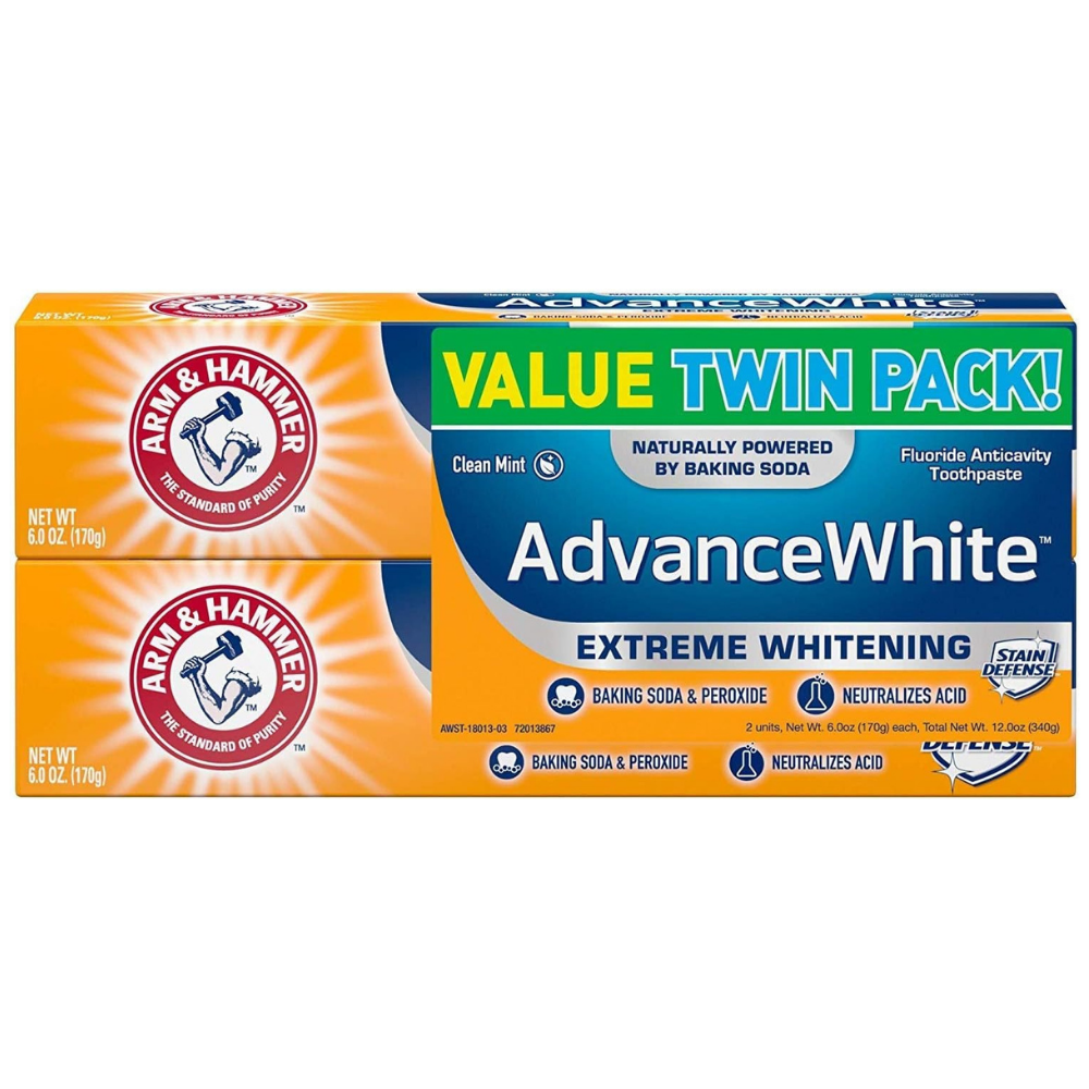 Twin pack of arm & hammer advance white, extreme whitening toothpaste with baking soda and peroxide for stain defense. 