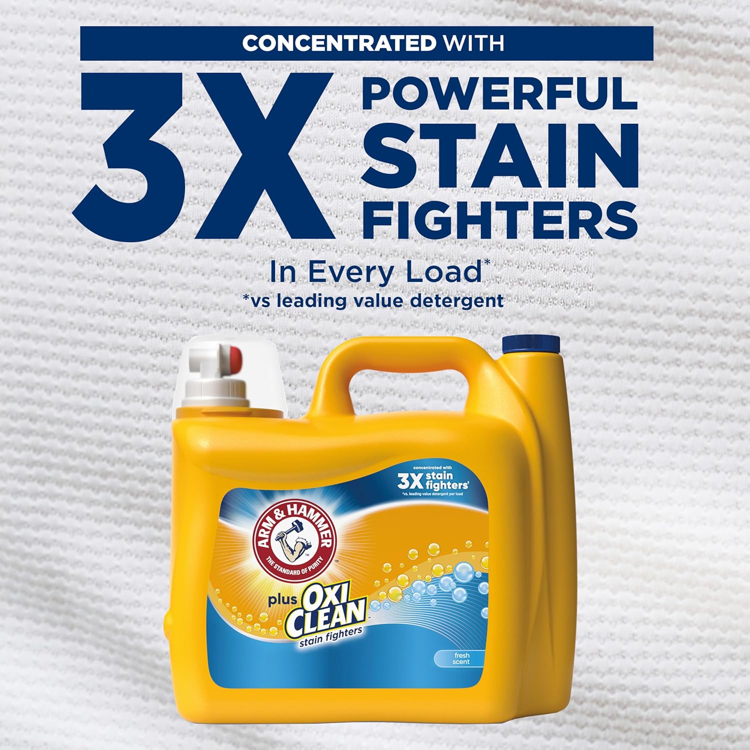 Arm & Hammer laundry detergent contains OxiClean stain fighter - 3x more concentrated powerful stain fighter in every load. 