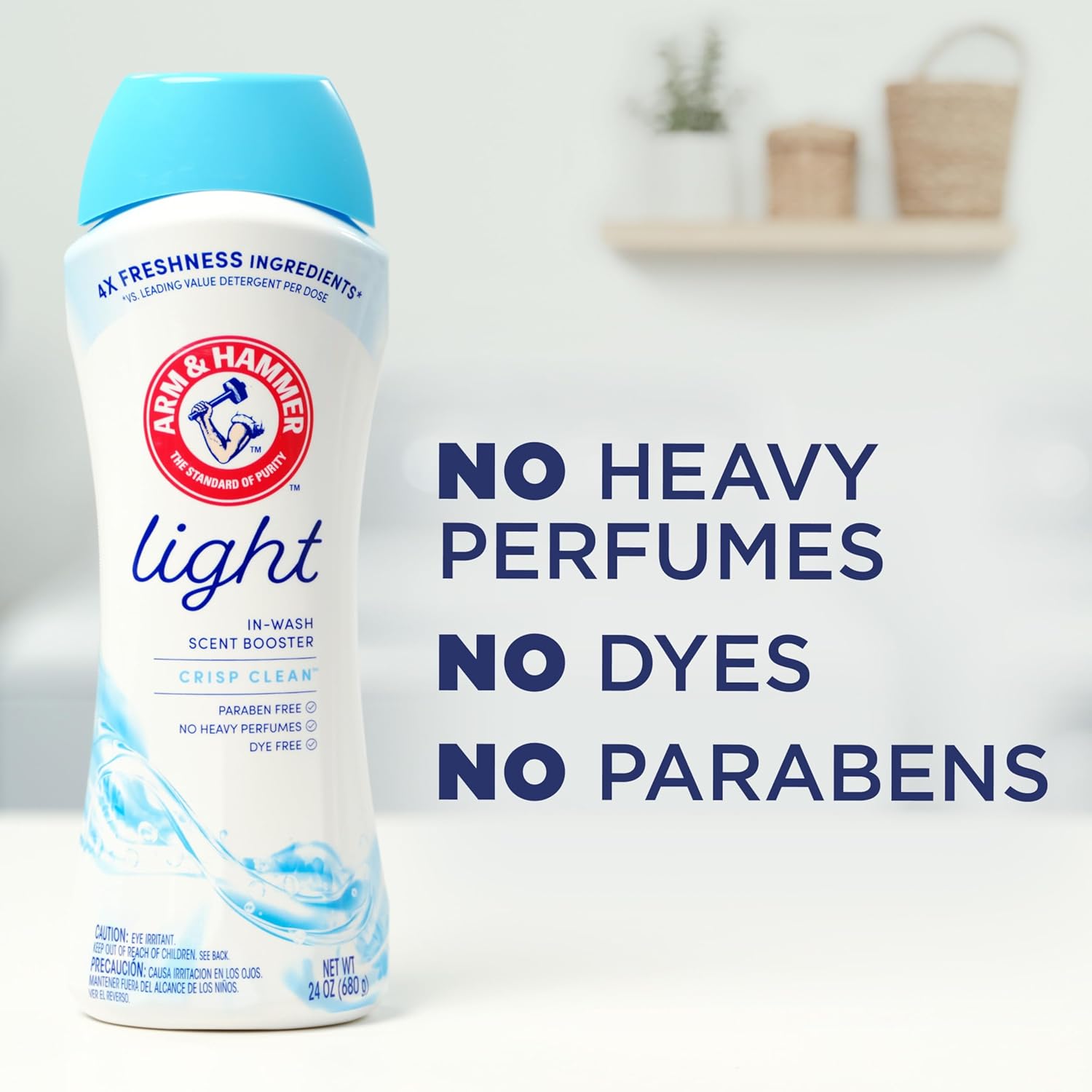 Arm & Hammer light in-wash scent booster, crisp and clean with no heavy perfumes, no dyes and no parabens. 