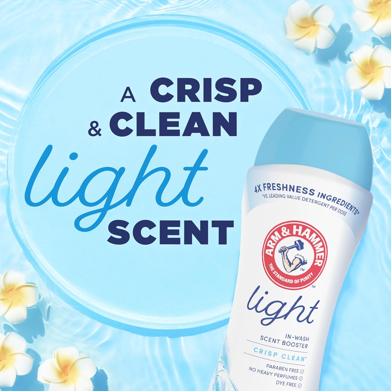 Arm & Hammer light in wash scent booster for a crisp & clean light scent - paraben free, no heavy perfumes and dye free. 
