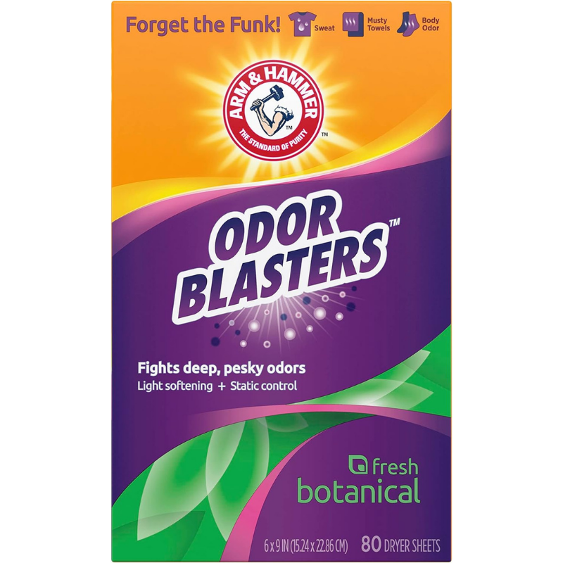 Arm & Hammer odor blaster dryer sheets with its fresh botanical scents, fights deep, pesky odors with light softening and static control. 