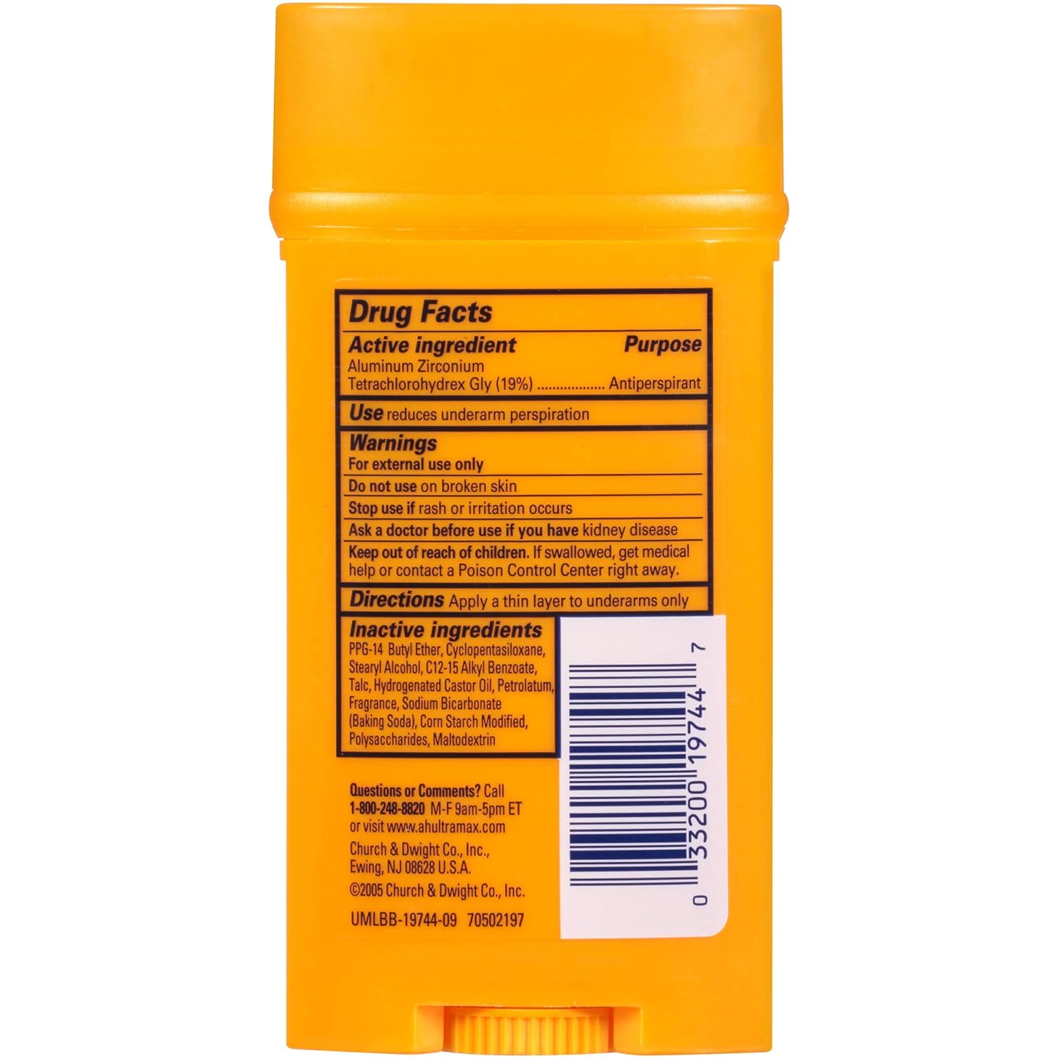 Arm & Hammer Ultra Max, Active Sport solid deodorant with active ingredients for antiperspirant purposes.  